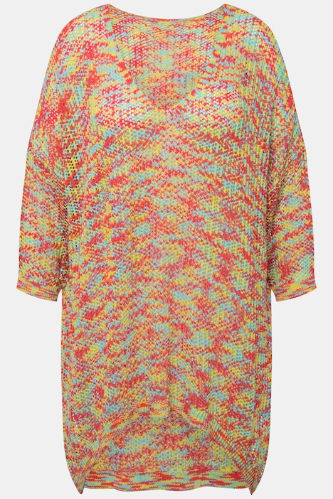 Pullover, oversized, Lochstrick, V-Ausschnitt, 3/4-Ärmel