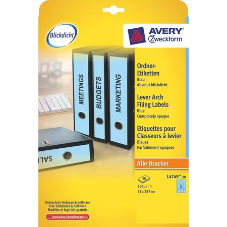 Avery Zweckform L4749-20 Ordnerrücken Etiketten A4, mit ultragrip, 38 x 297 mm, schmal/lang, 20 Bogen/100 Etiketten, blau