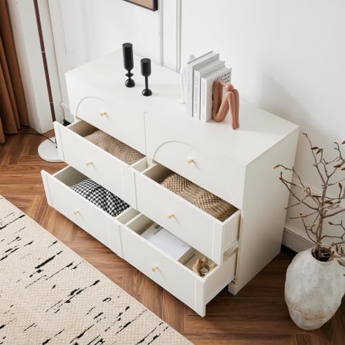 Merax Sideboard Weiß – Romantischer Luxus-Kommodenschrank mit 6 Schubladen, Elegantes Design mit geschwungenen Bögen und Metallgriffen, 120x40x82 cm für Wohnzimmer, Schlafzimmer oder Flur