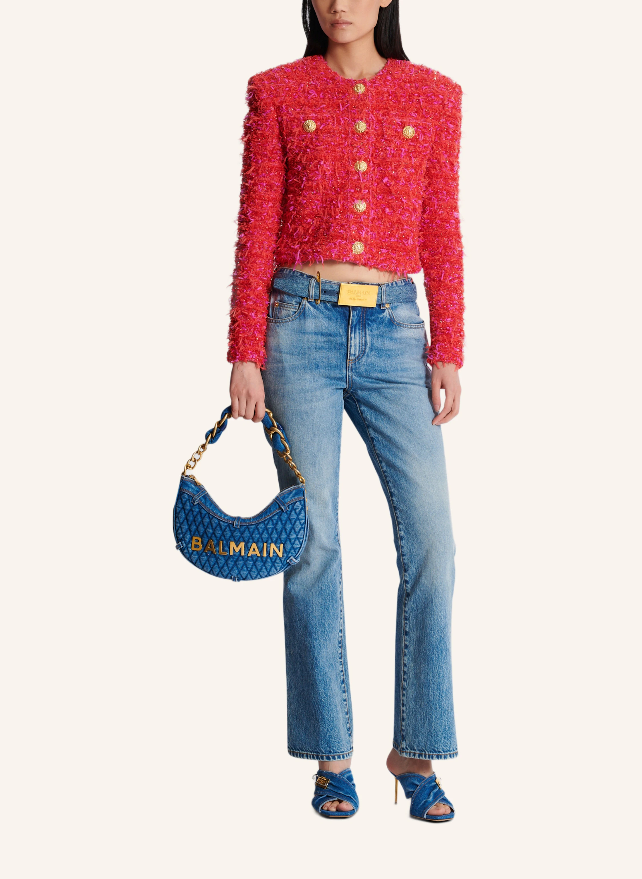 BALMAIN Tasche 1945 Soft Moon aus gestepptem Denim mit Diamond-Muster