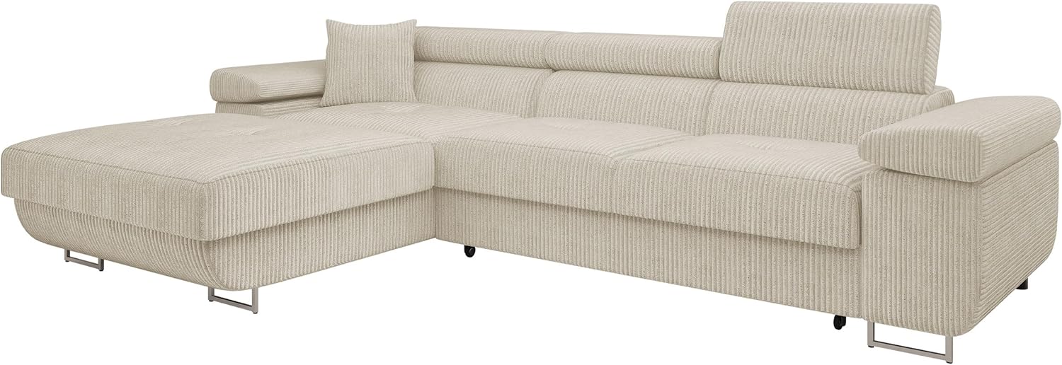 Mirjan24 Ecksofa Torezio Mini Cord mit Bettkasten, Einstellbare Kopfstützen, Bequeme Polsterung, Eckcouch mit Schlaffunktion für Wohnzimmer, L-Form Couch (Poso 100, Seite: Links)