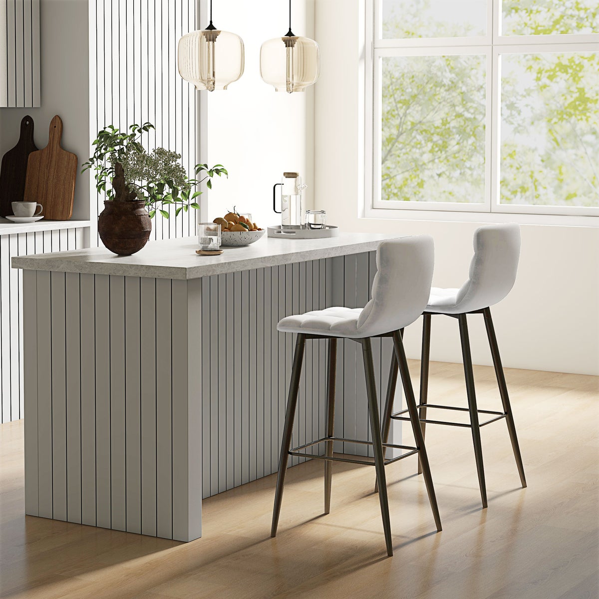 HOMCOM 2-delige barkrukkenset, bistrokrukken met voetenbank, barstoel, fluwelen bekleding, keukenstoel, barkrukset met stalen poten voor woonkamer, eetkamer, lichtgrijs, 42 x 47 x 105 cm