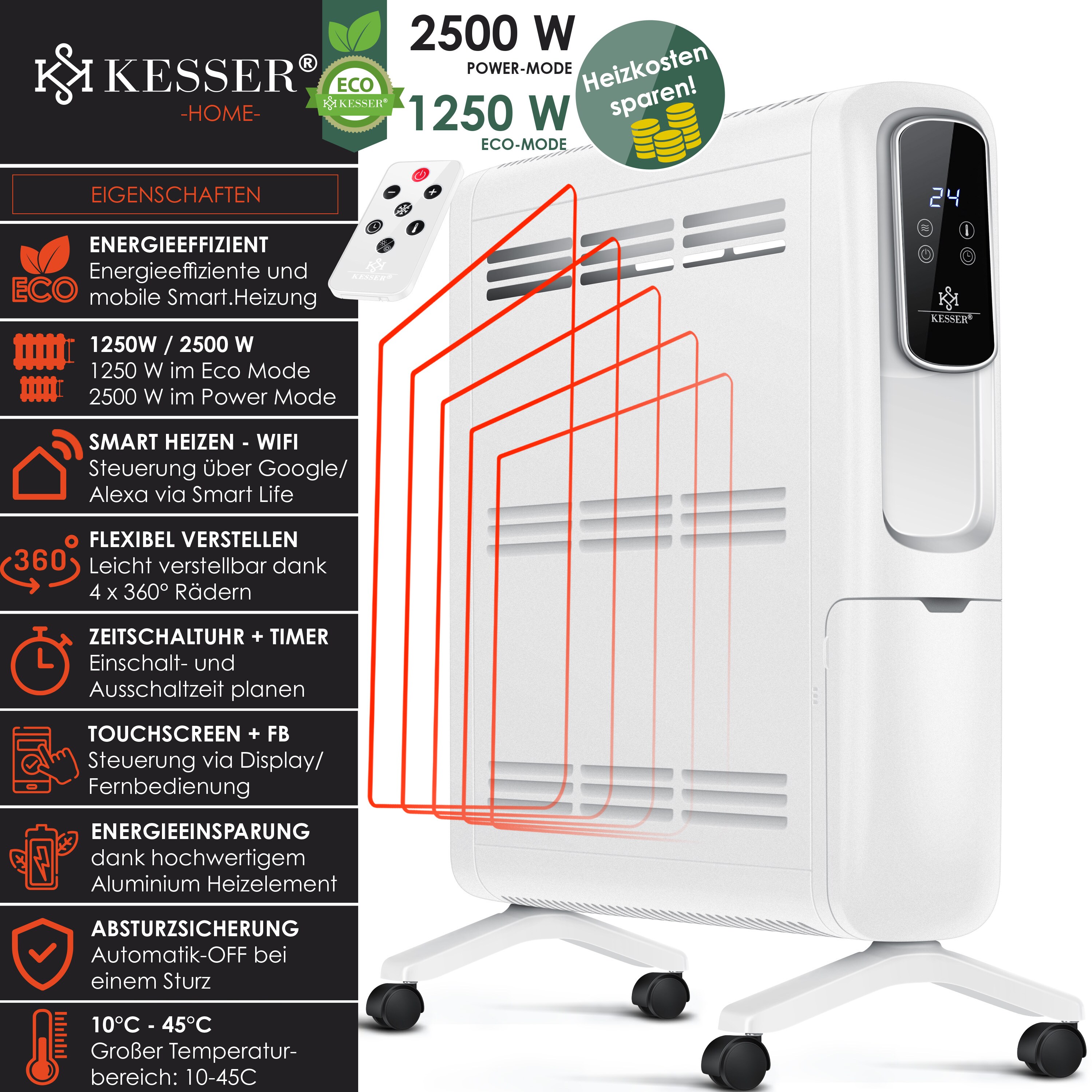 KESSER® Konvektor Elektrische Heizung ECO 2500W Heizkörper Elektroheizung Standheizung energiesparend Display WiFi App & Fernbedienung Touchscreen - Mobil Radiator 24h Timer Thermostat