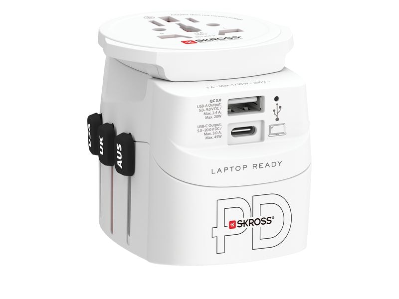 SKROSS Reiseadapter Pro Light, 1 x USB-A und C 3-polige Weltreiseadapter mit integriertem PD-USB-Ladegerät