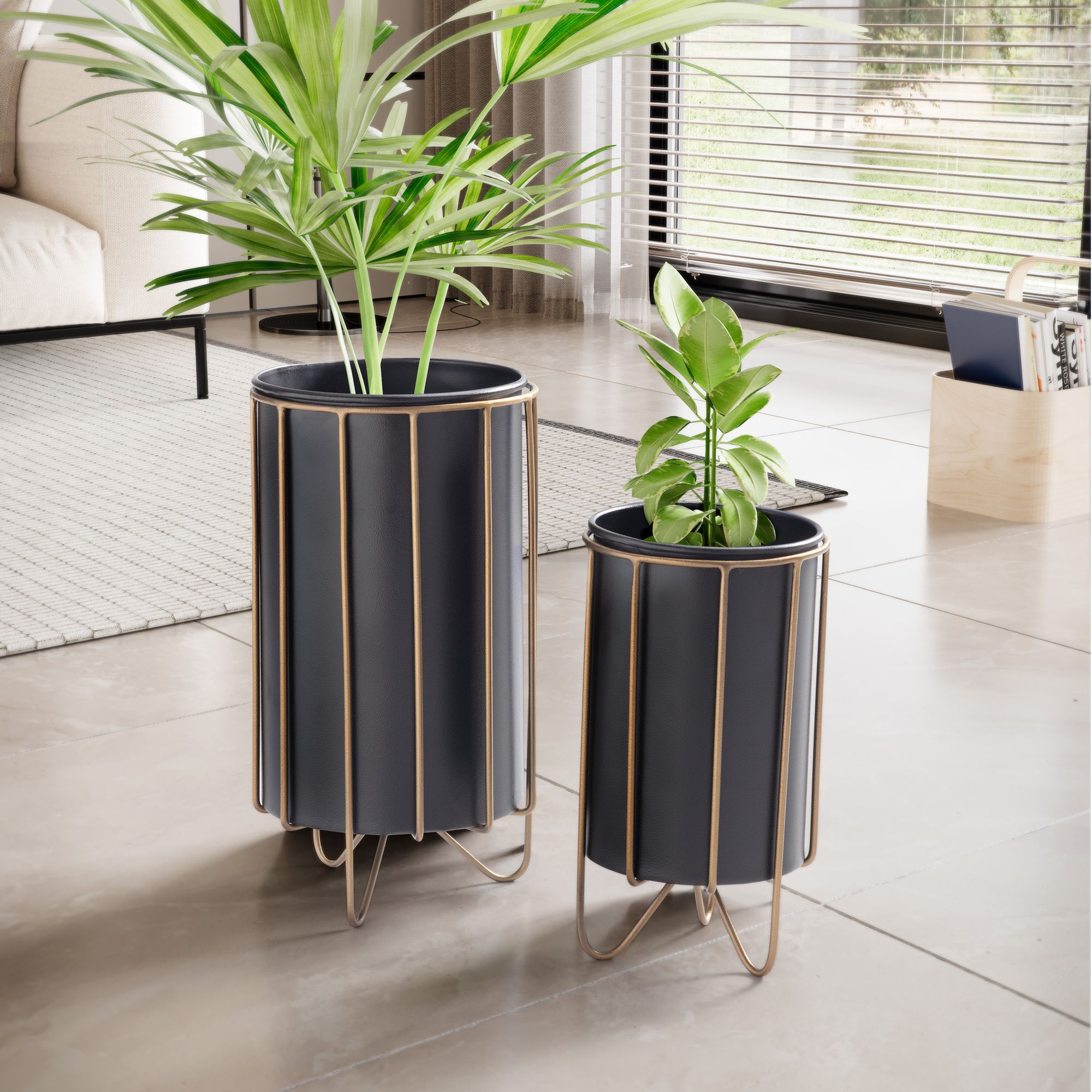 KADIMA DESIGN Moderne Metall Pflanzenkübel - 2-teiliges Set in Schwarz/Gold, Runde Töpfe