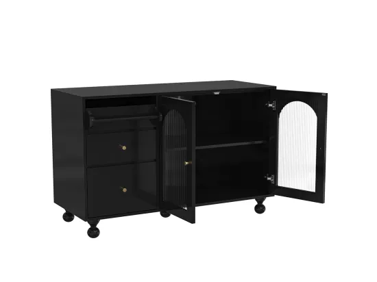 Buffet de salle à manger noir avec longues portes en verre arc-en-ciel et porte-serviettes design, meuble moderne multifonctionnel