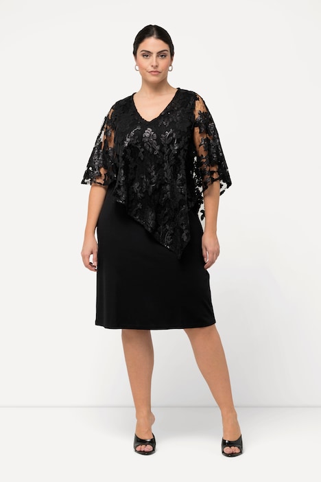 Kleid, Überwurf, Pailletten, V-Ausschnitt, 3/4-Arm