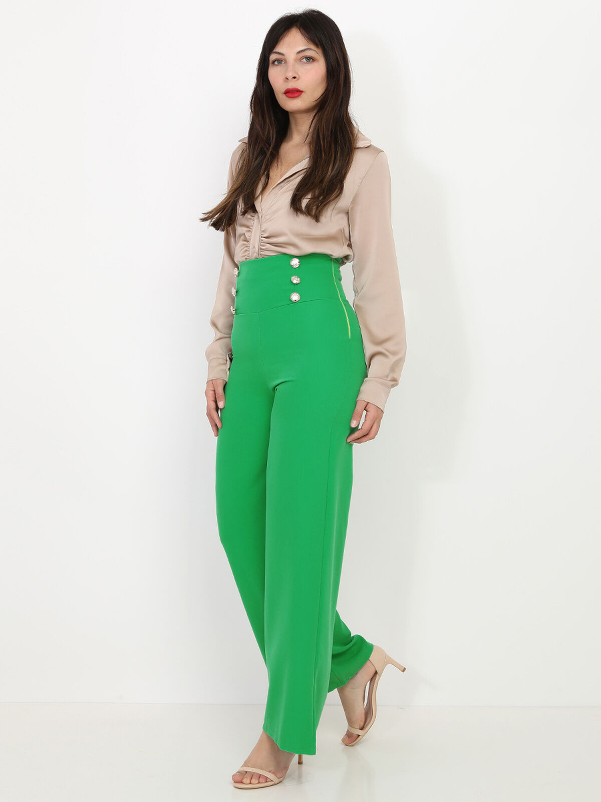 Pantalon palazzo à boutons- Vert