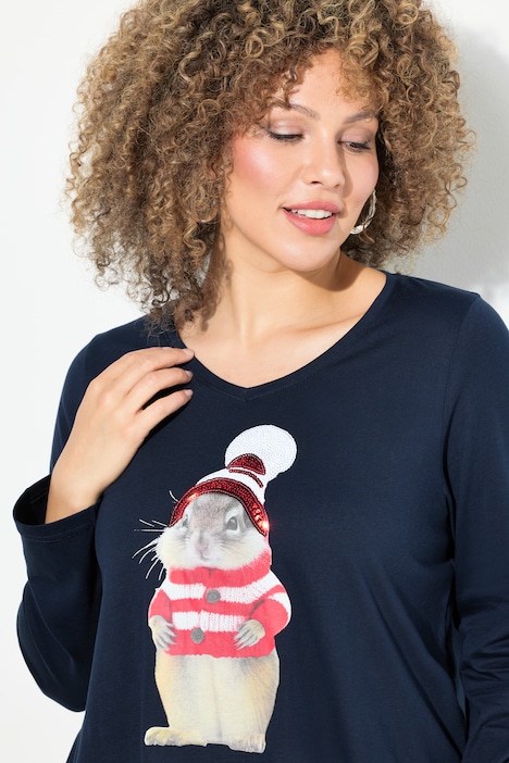 Weihnachtsshirt, Eichhörnchen, V-Ausschnitt, Langarm