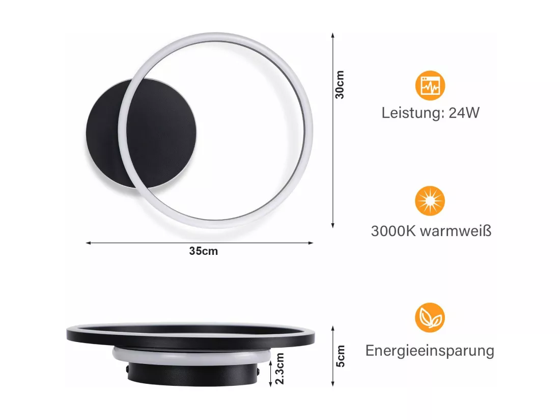 NETTLIFE Plafonnier LED Salon 24W Noir Moderne 2 Anneaux 3000K Blanc Chaud