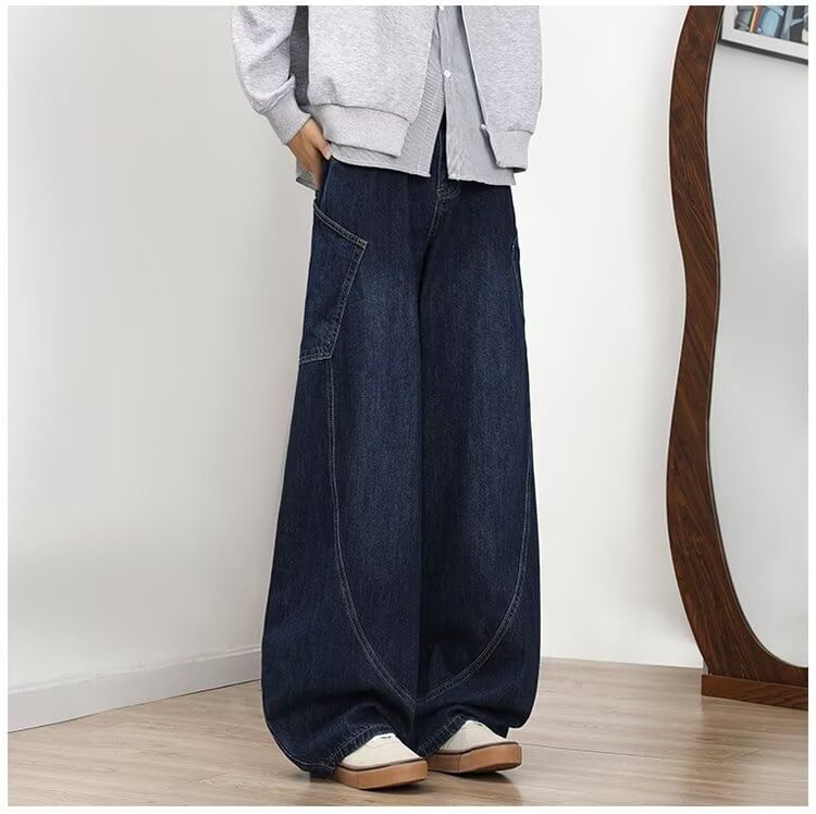 Urtishia - Mid Rise Lettering Geborduurde Gewassen Wijde Cargo Jeans