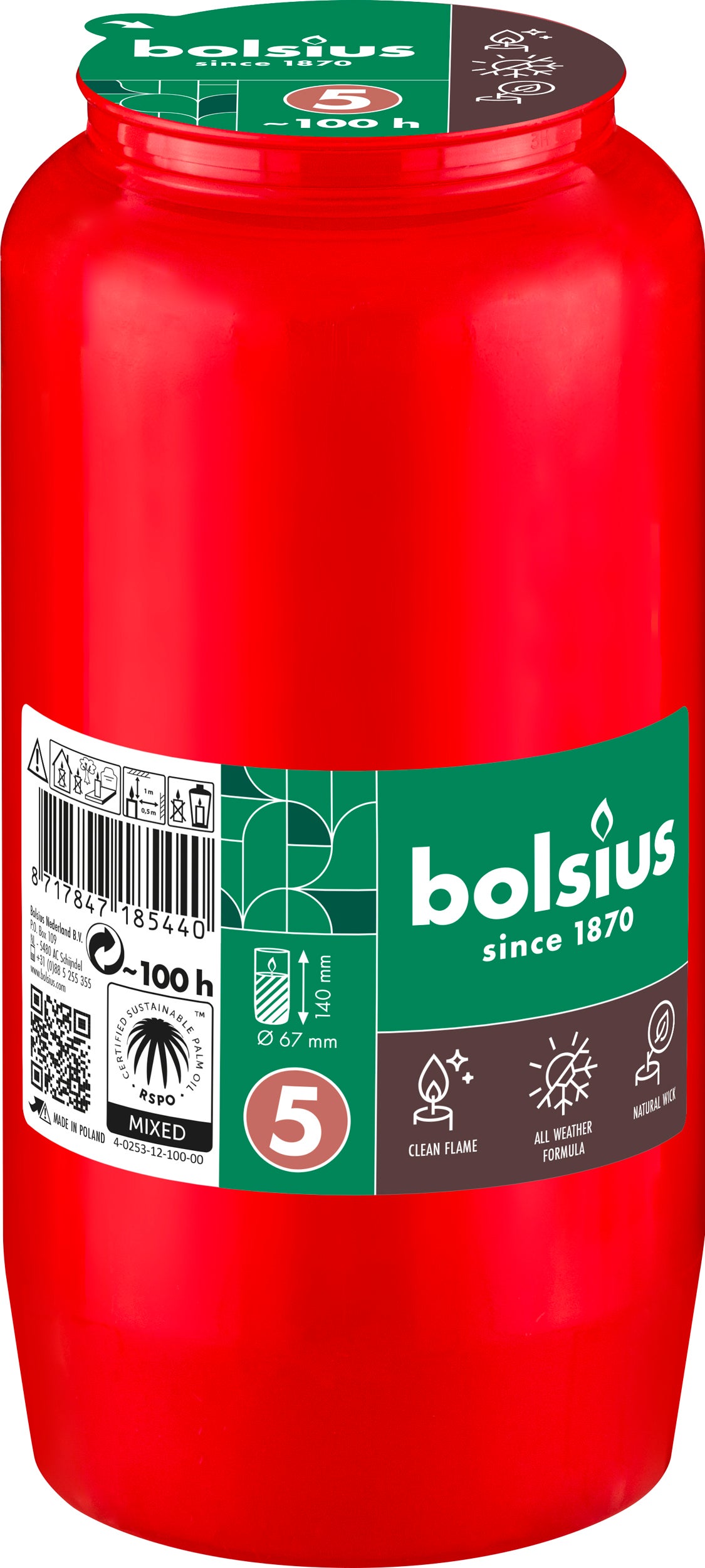 Bolsius herdenkingslicht nr 5 rood 100 uur D 6,7 H 14,1 cm