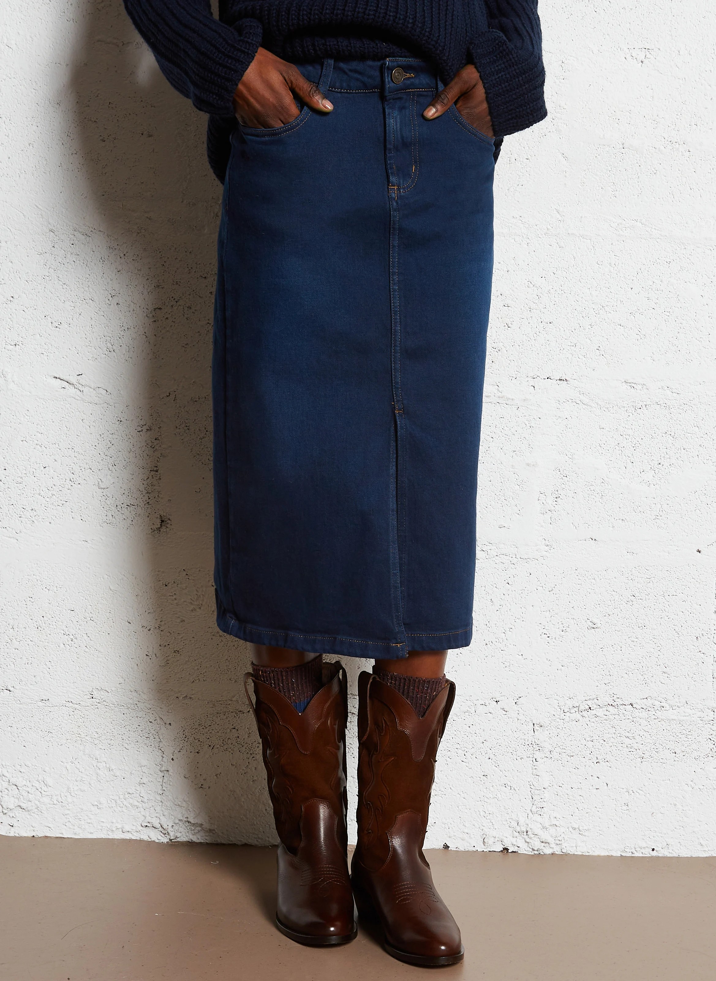 JUSTINE - Jupe midi droit en denim en coton | Bleu
