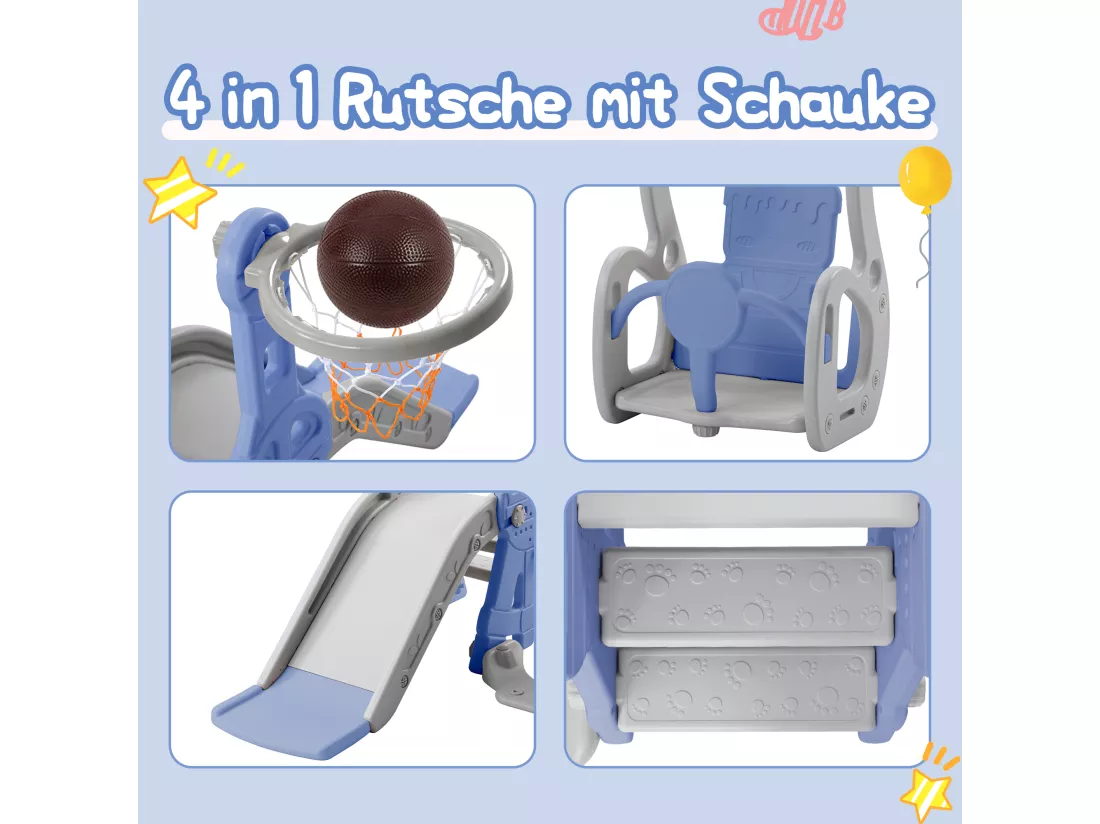 Toboggan 4 en 1 avec balançoire et support de basket-ball pour enfants, échelle d'escalade, pour intérieure et extérieure, bleu