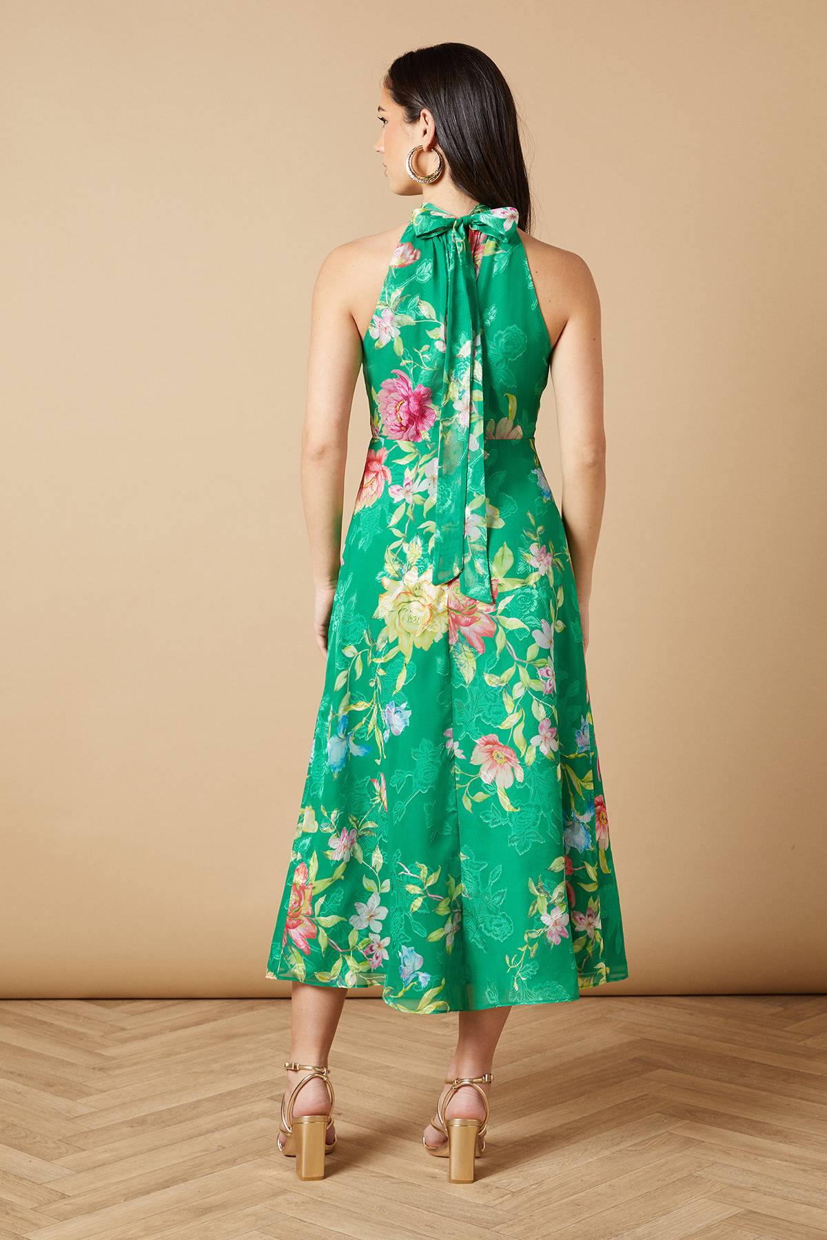 Oasis Robe Mi-Longue à Col Halter en Satin Floral Dévoré