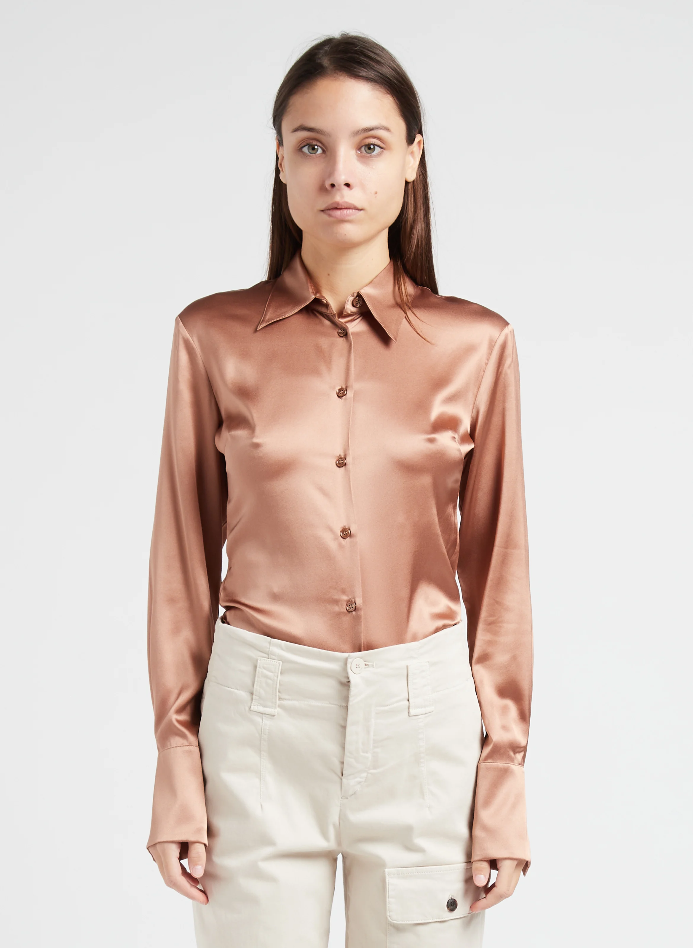 CRIMINALE - Chemise satinée en soie stretch| Marron