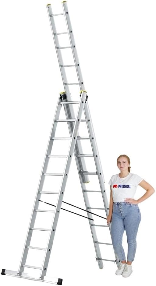 PROREGAL Economy Plus 3-delige multifunctionele ladder met dwarsbalk, 3 x 10 sporten, werkhoogte 6,31 m, draagvermogen 150 kg