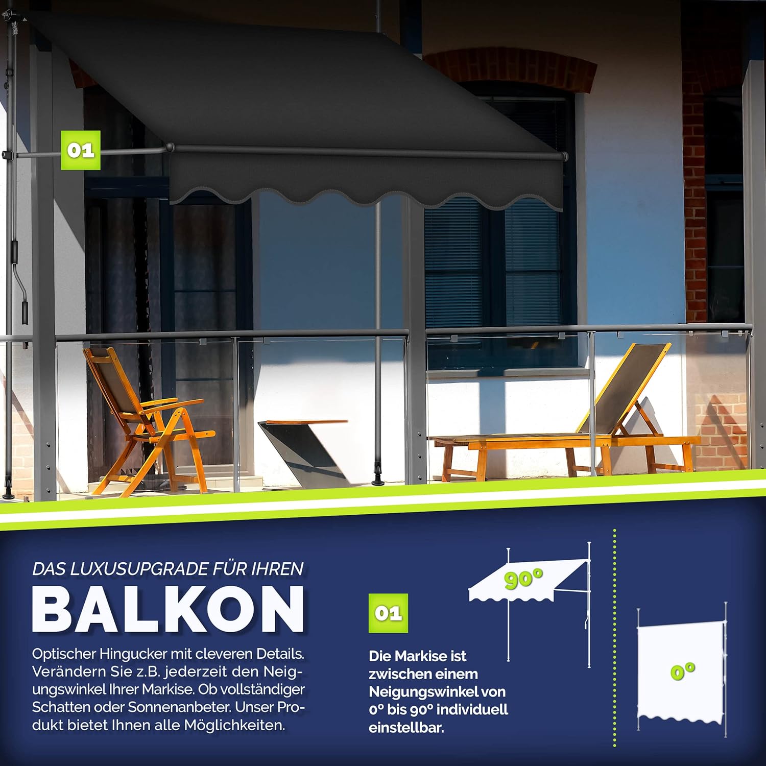 tillvex Klemmmarkise mit Handkurbel Balkon | Balkonmarkise ohne Bohren | Markise UV-beständig & höhenverstellbar | Sonnenschutz wasserdicht (Anthrazit mit LED, 250cm)