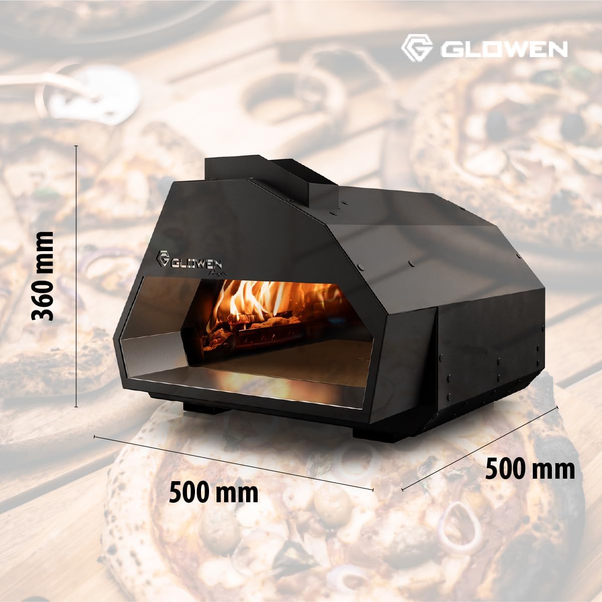 Glowen Raptor Pizzaofen Gas und Holz - Multi-Brennstoff Pizza Ofen Outdoor für Pizzen bis 34 cm – Erreicht in nur 25 Minuten 500 °C – Rolling Flame Technology – 20 mm Schamottstein (Schwarz)