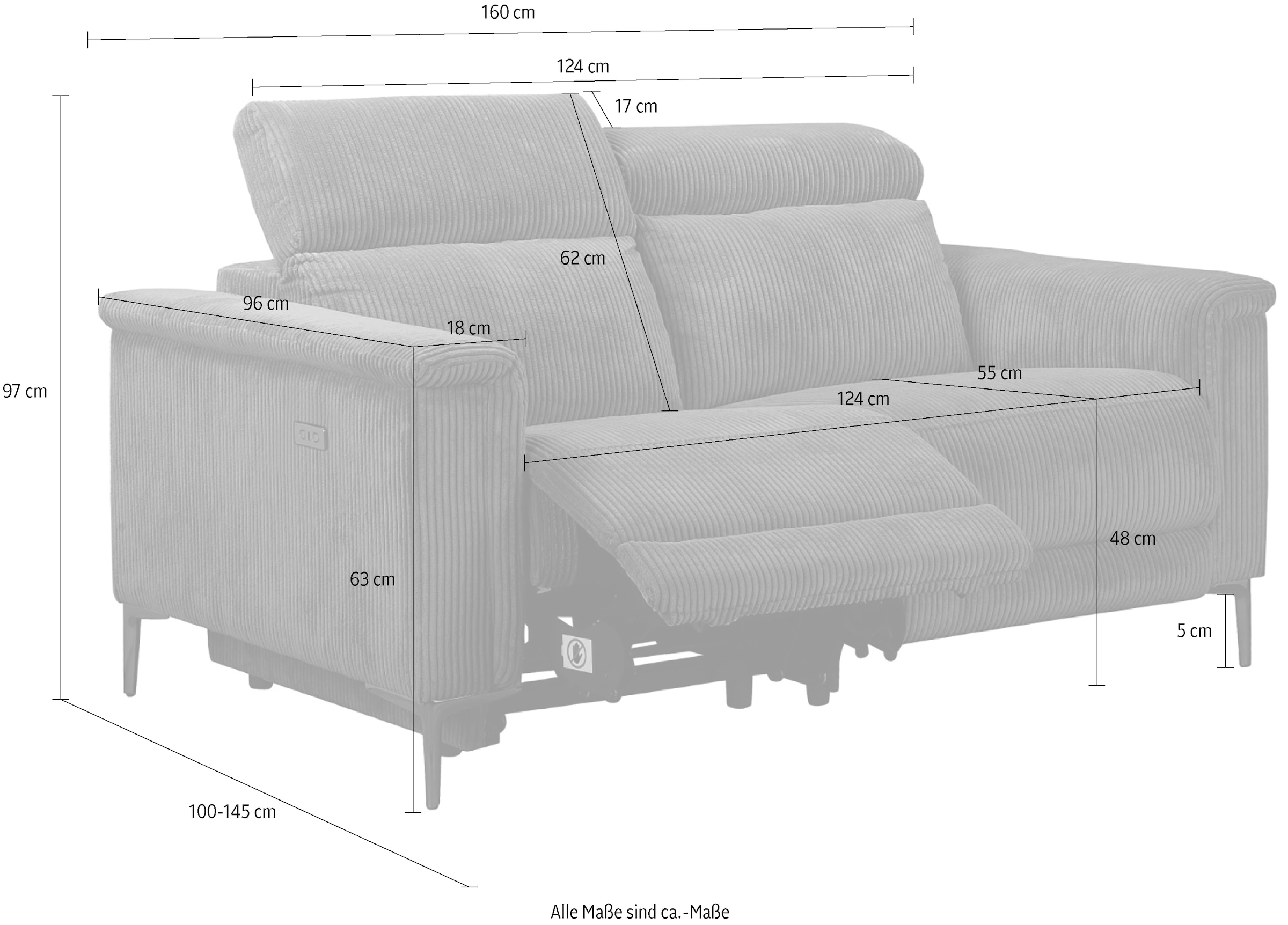 Home affaire 2-Sitzer »Lund in Cord, mit manueller o. elektrischer« Relaxfunktion, USB-C, Kopfteilverstellung, Breite 160 cm