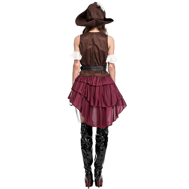 (160-165cm) Fasnachts Erwachsenen Kostüm Karibische Piratin Verkleidung für Motto Partys / Halloween inkl. Hut / Feder - Braun