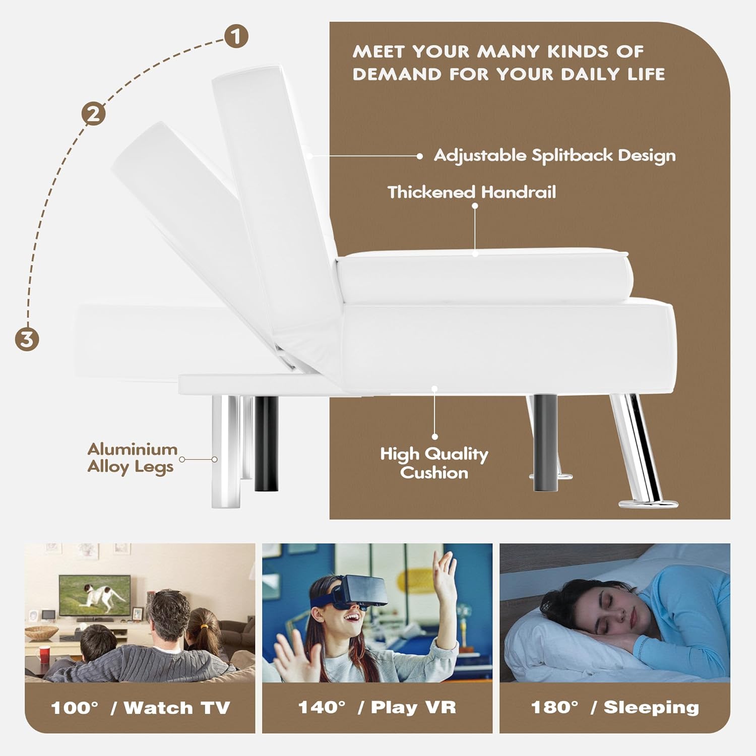 Homall Futon Schlafsofa, Leder-Futon-Couch mit abnehmbaren Armlehnen, verstellbare Liege, Schlafsofa mit zwei Getränkehaltern für Wohnzimmer, Wohnung, Büro (Weiß)