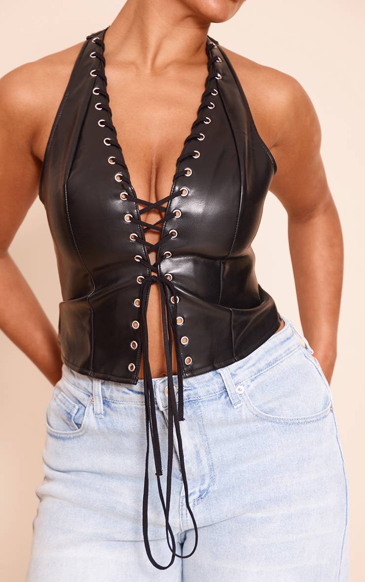 Deep Black Corset Shape En Synthétiquecuir Noir À Encolure Dos-nu Avec Laçage