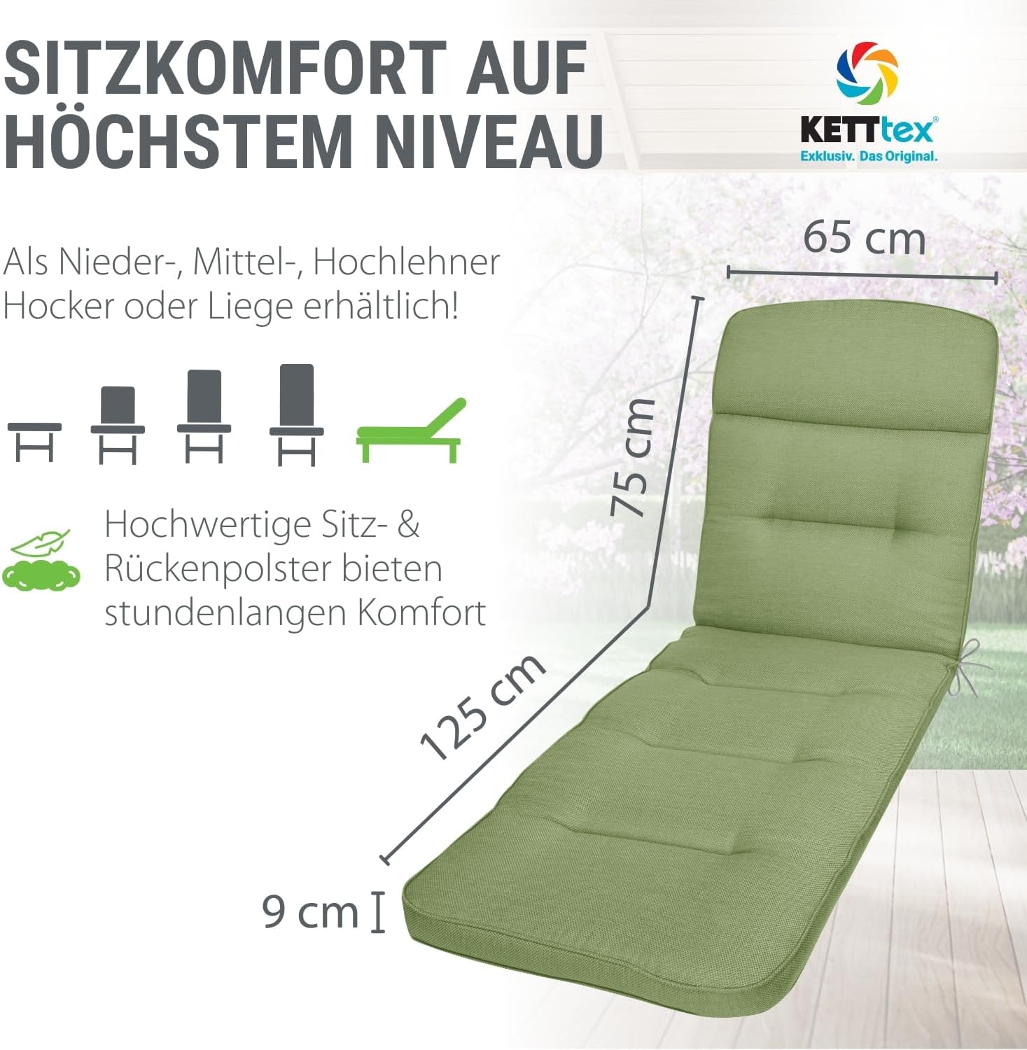 Auflage Rollliege Grün I Gartenliege Polster 200x65x9cm I KTH3 Liegenauflage I atmungsaktive Liegestuhl-Auflage I hautverträglich I wasserabweisendes Liegekissen I Dessin 2632