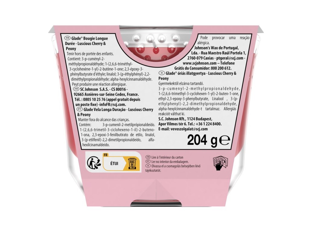 VELA LONGA DURAÇÃO GLADE CHERRY & PEONY 204G