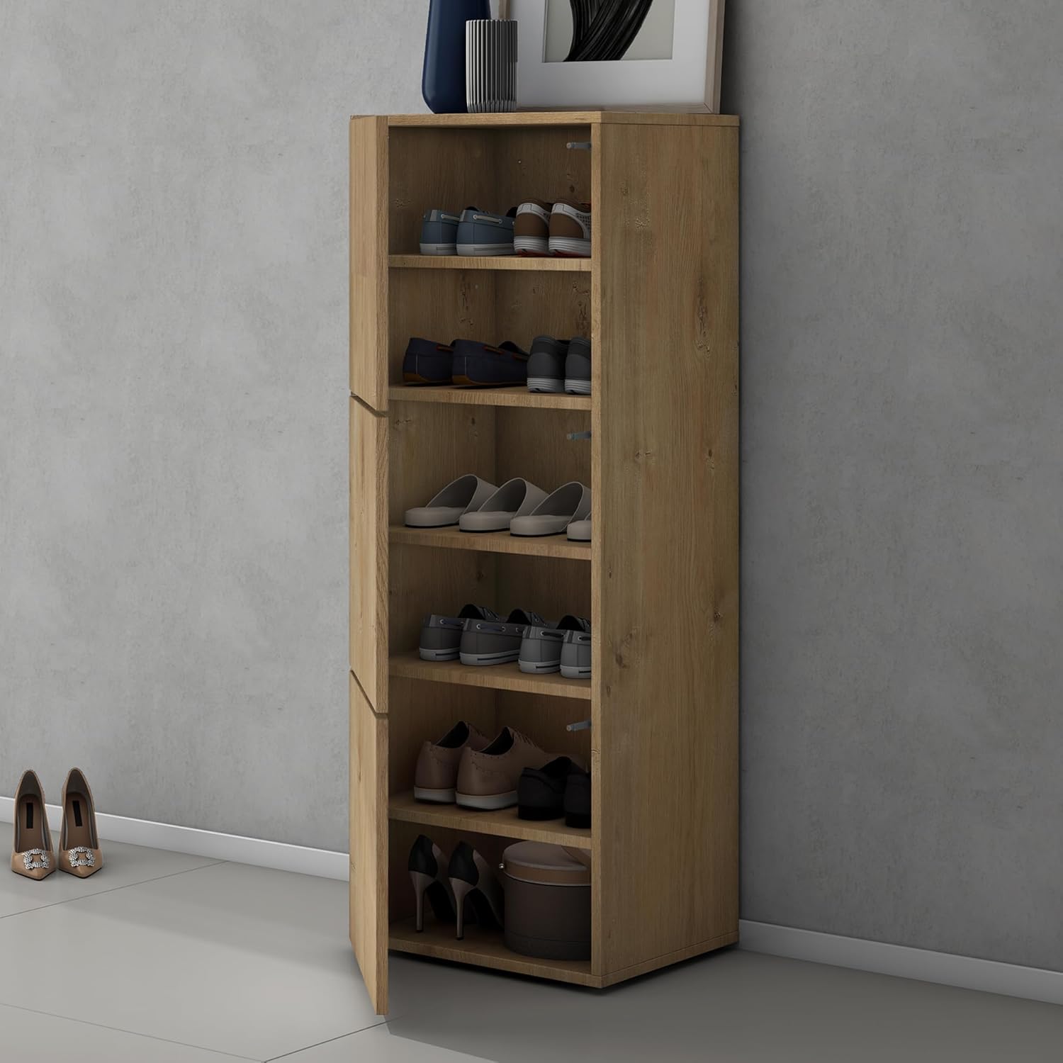 doporro Schuhschrank Schuhregal Schmal Schuhkommode 45 cm Schuhschrank in Kerneiche Holz Aufbewahrung für Schuhe mit 6 Fächern Schuhschrank02