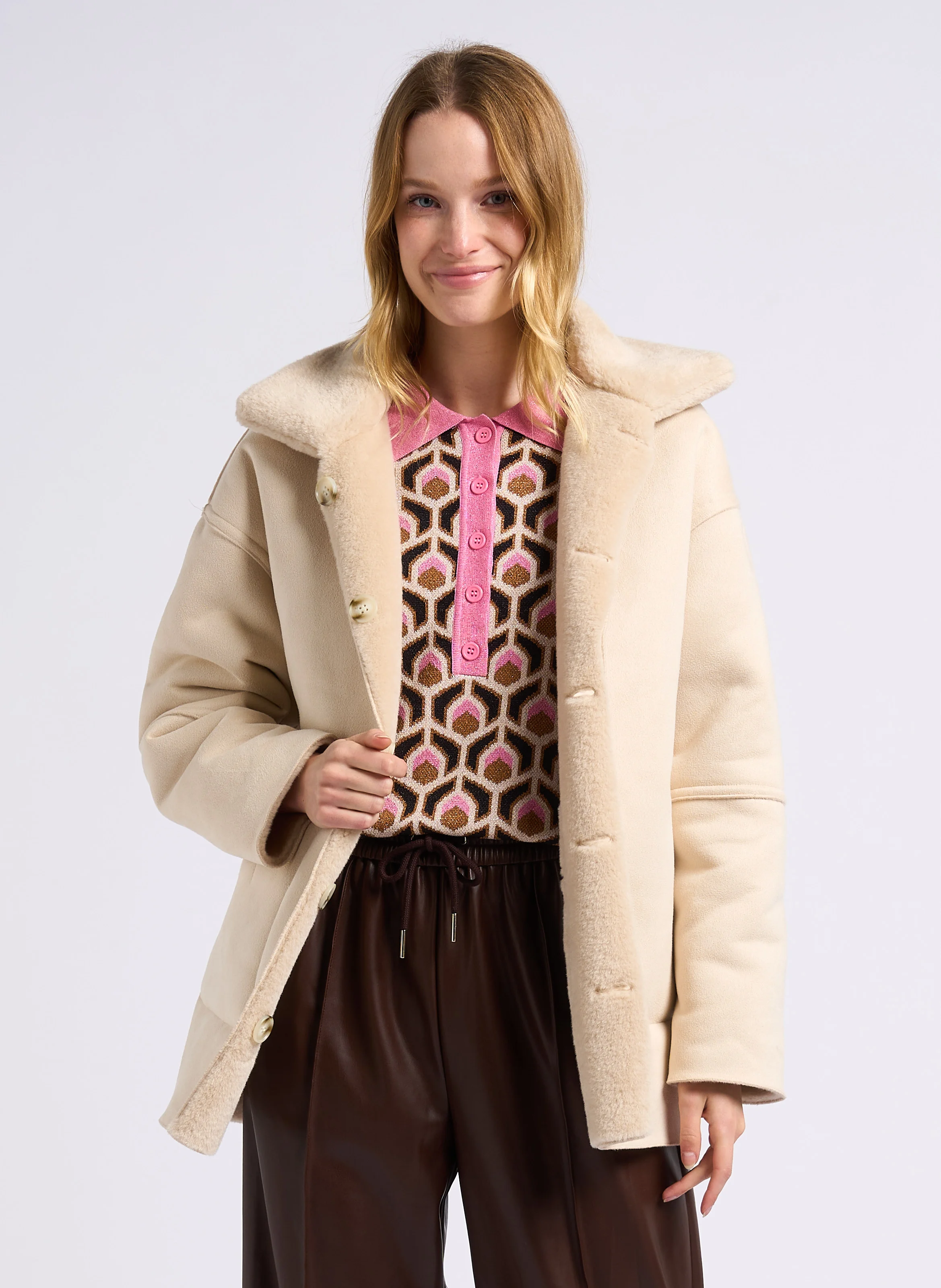 ELHO - Manteau col classique en fausse fourrure | Beige