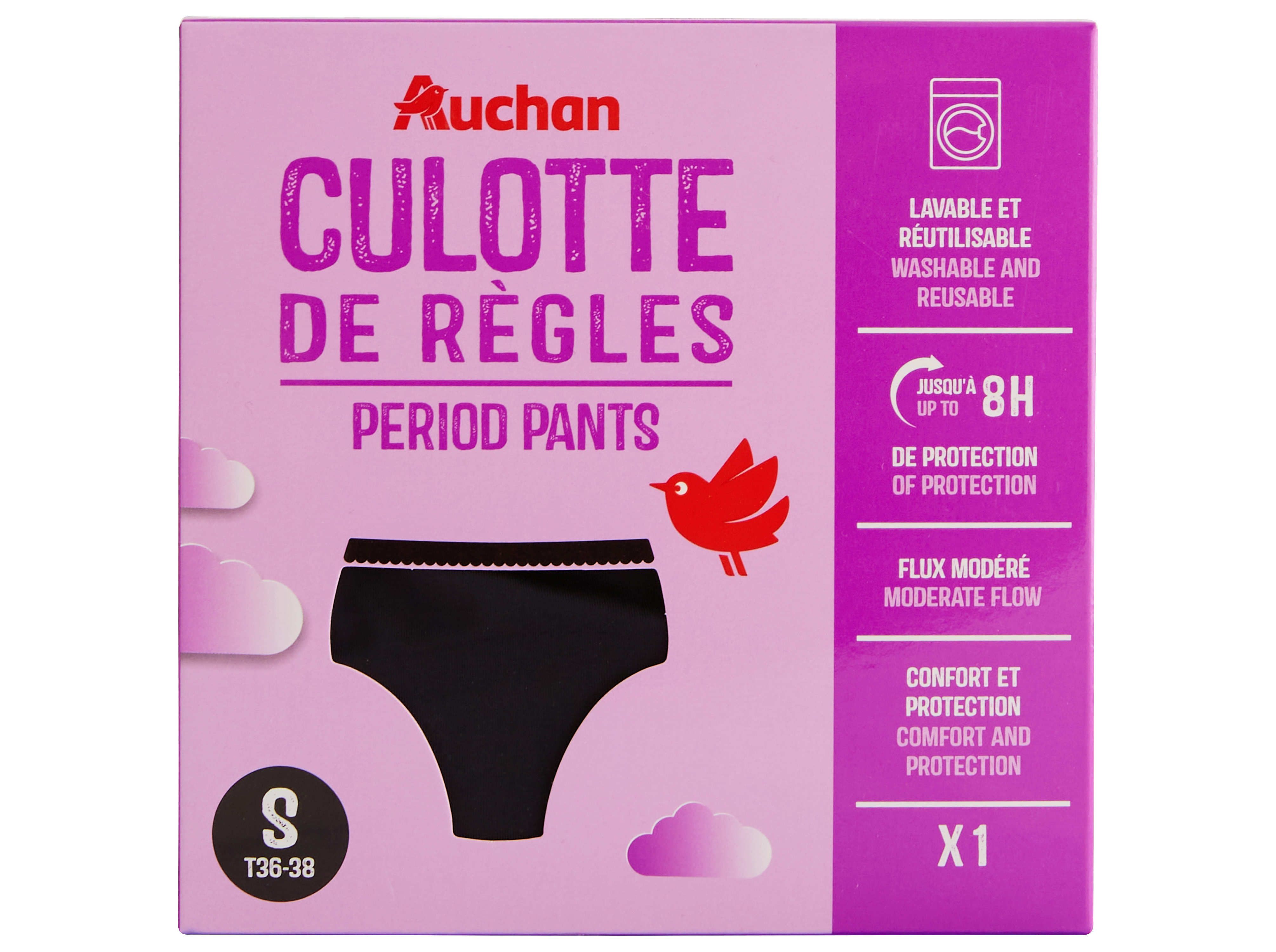 CUECA MENSTRUAL AUCHAN PRETO FLUXO MODERADO TAMANHO S 1UN