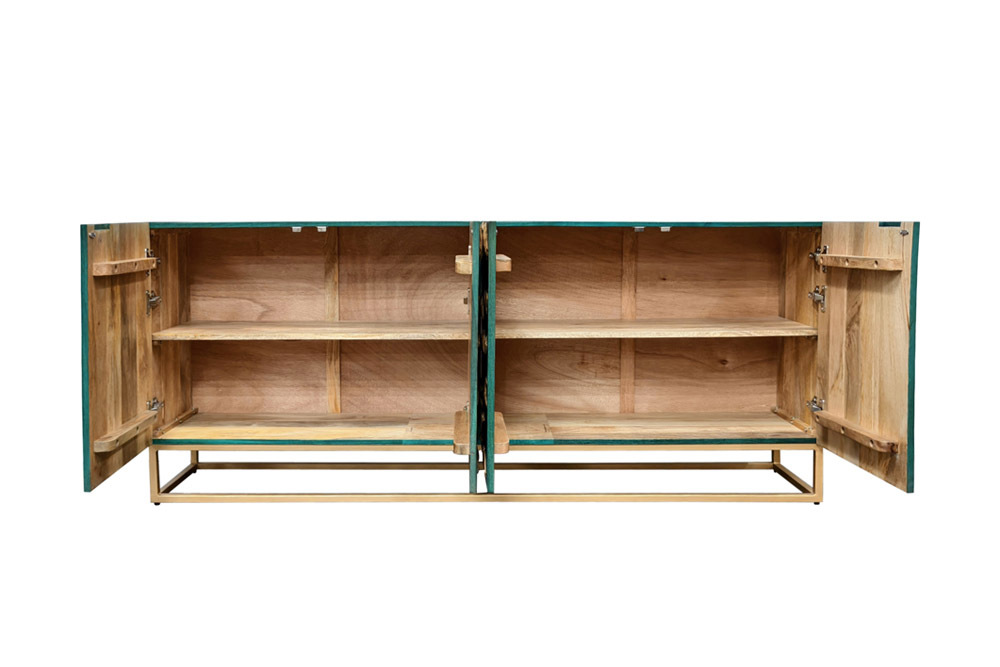 Massives Sideboard GOLDEN LAGOON 180cm türkis gold Mangoholz Metall 3D-Front