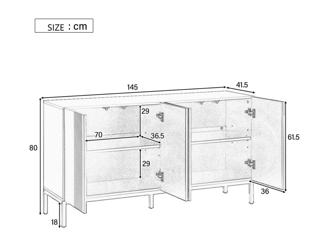 Buffet 4 portes et étagères réglables - à rayures verticales - Blanc