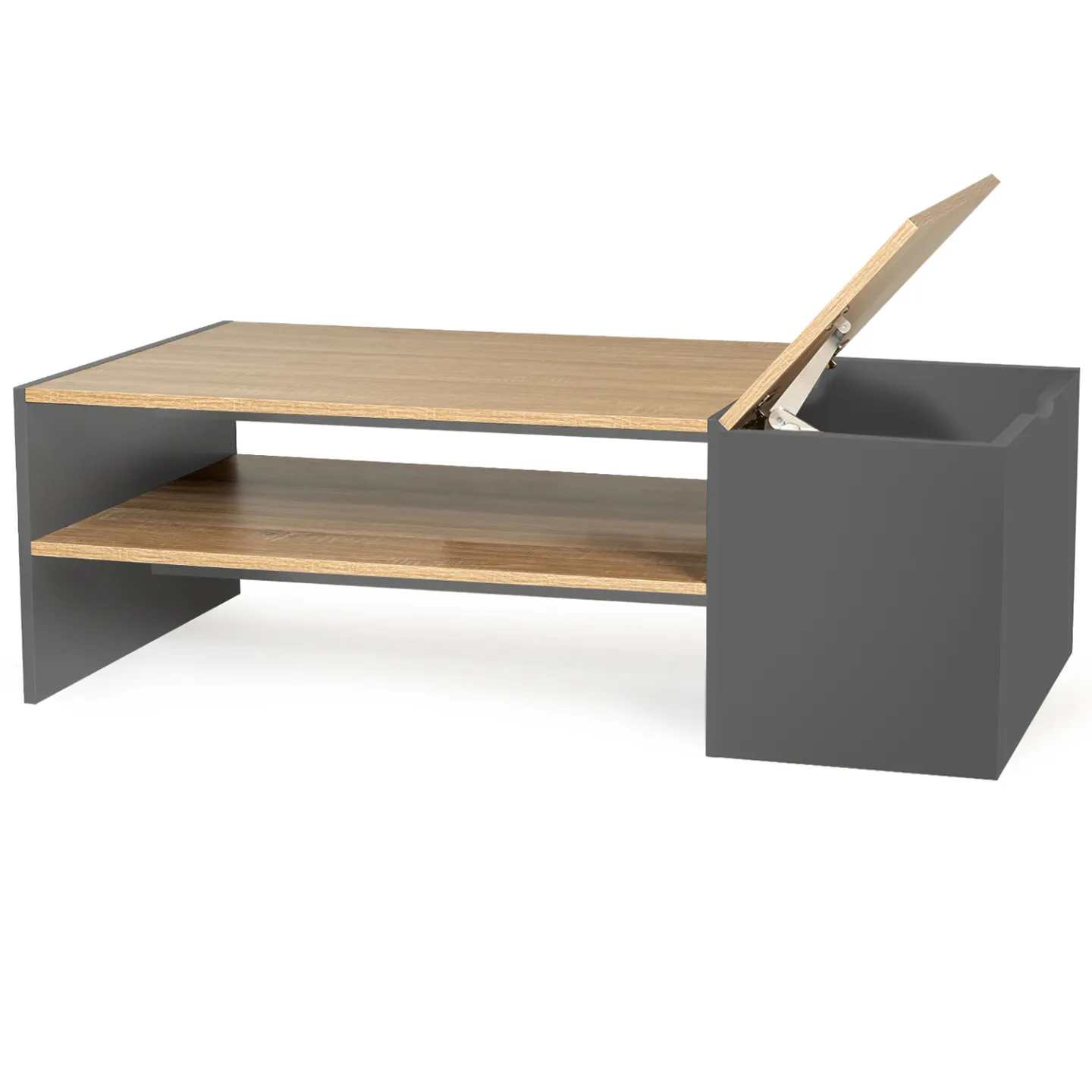 Table basse bar contemporaine rectangulaire IZIA avec coffre gris et plateaux bois