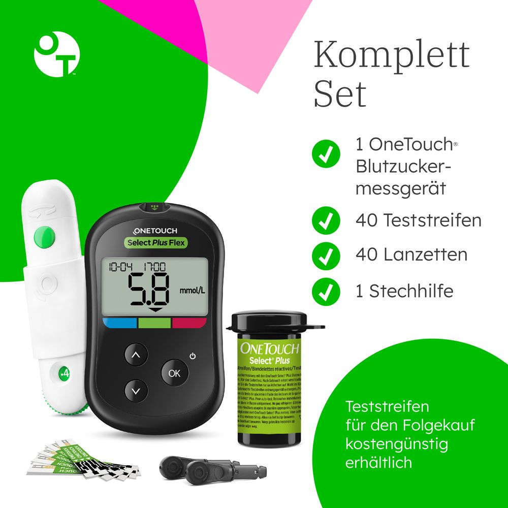 OneTouch Select Plus Flex® Diabetes Starter-Set mmol/l, 40 Teststreifen, 40 sterile Lanzetten, 1 Stechhilfe