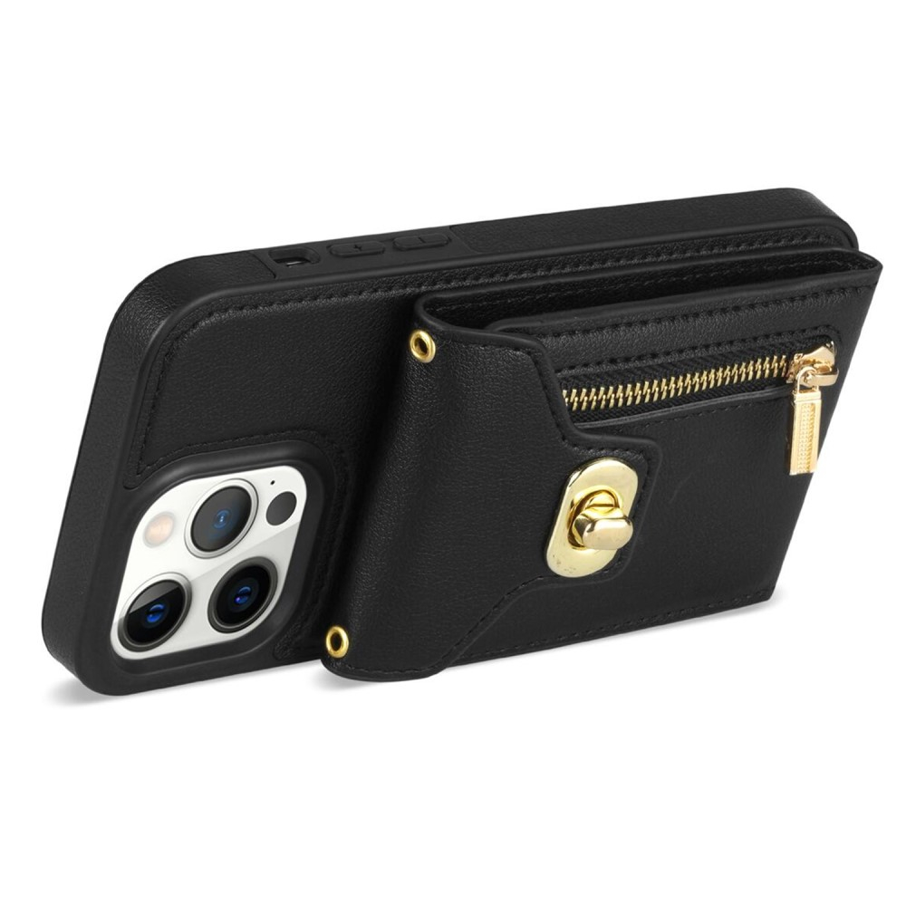 iPhone 15 Pro Max Necklace Leder Schutz Hülle mit Kartenfächer   Handykette (120cm) - Schwarz