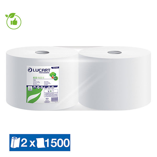 Bobine d'essuyage blanche Lucart 1500 formats, lot de 2