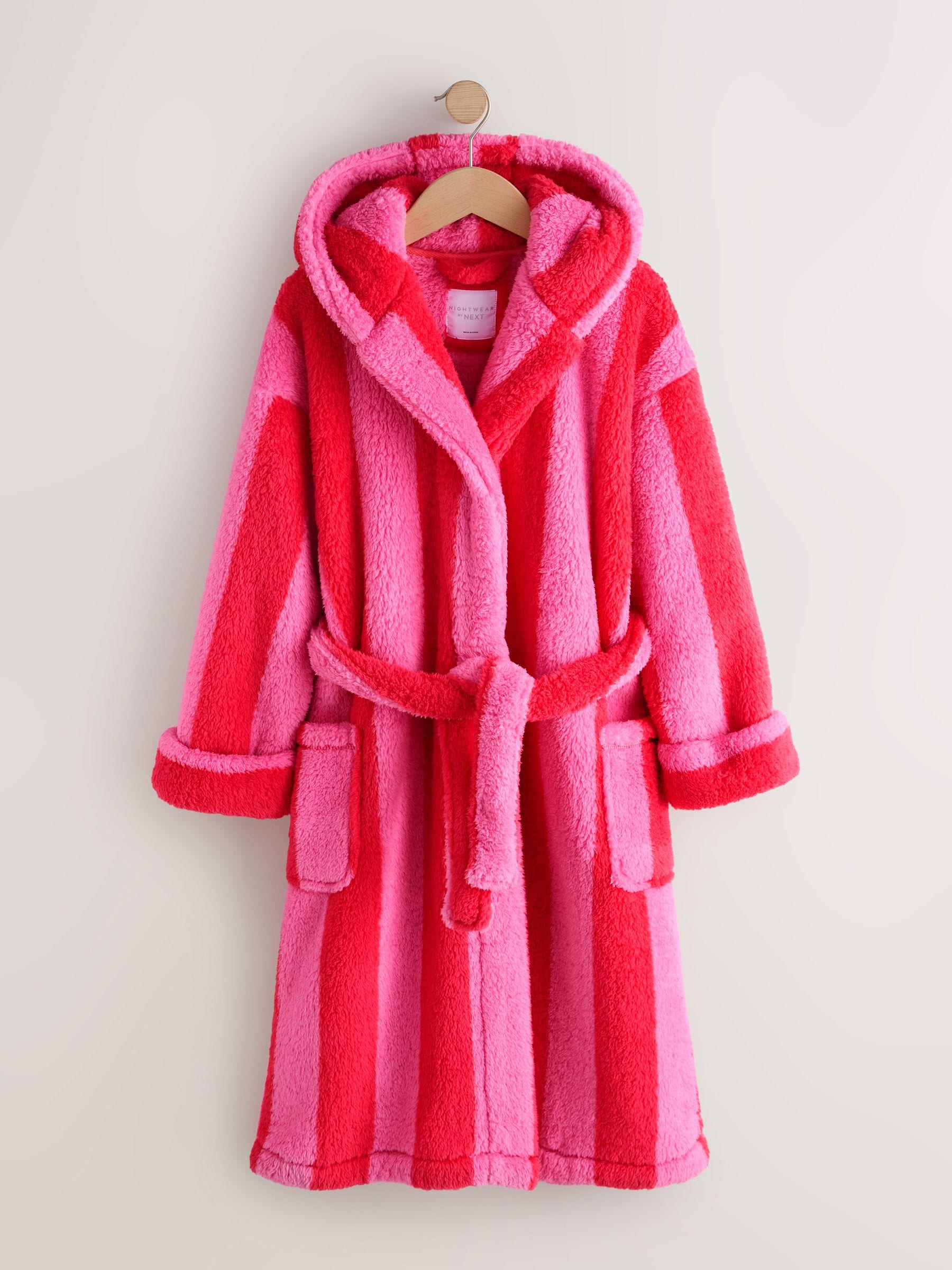 Roze/rood gestreept - Longer Length Teddy Fleece Dressing Gown (7-16yrs)