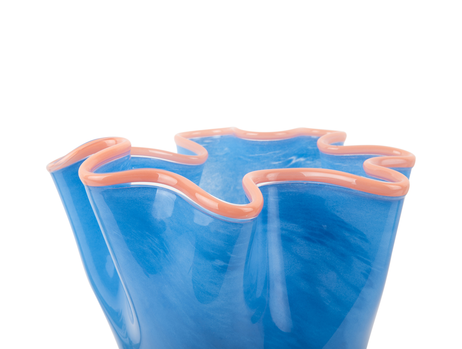 Vase Ruffles glass large jeans blue w. peach orange rim