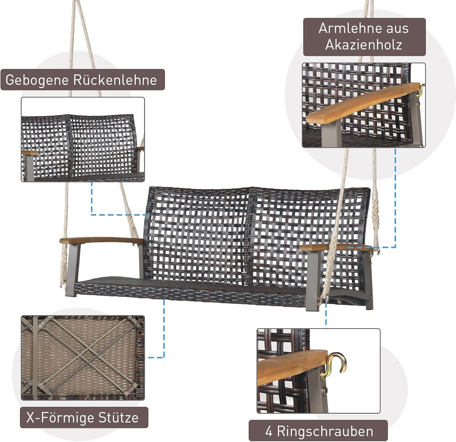 COSTWAY Schaukelbank 2-Sitzer, Hängebank PE-Rattan, Gartenschaukel zum Aufhängen, Hollywoodschaukel mit Akazienholz-Armlehnen, 360 kg Belastbarkeit, Schaukel für Terrasse & Garten & Balkon