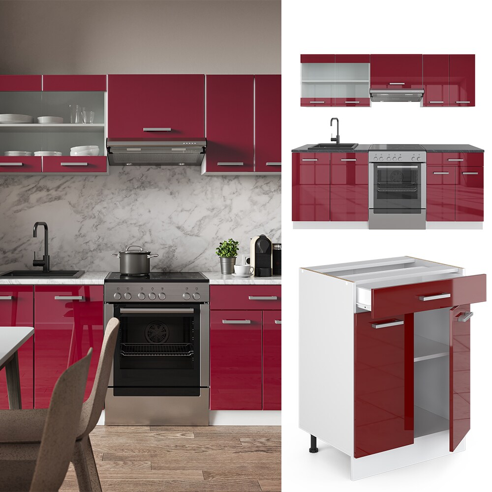Vicco KÜCHE R-LINE 200CM KÜCHENZEILE KÜCHENBLOCK EINBAU Bordeaux Hochglanz