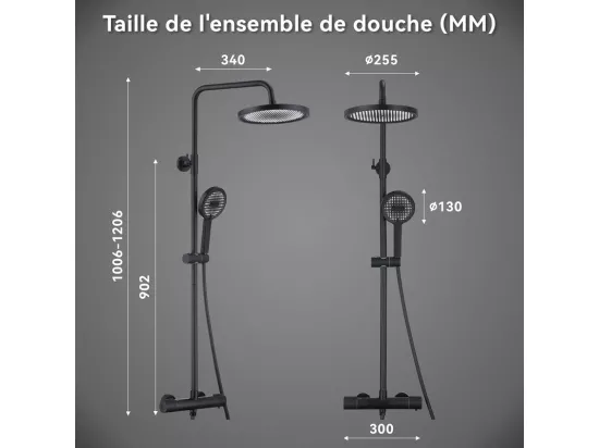 Colonne de Douche Thermostatique Ensemble de Douche Noir avec Douchette 3 Jets Kit de Douche Hauteur Réglable Mitigeur en Laiton Durable
