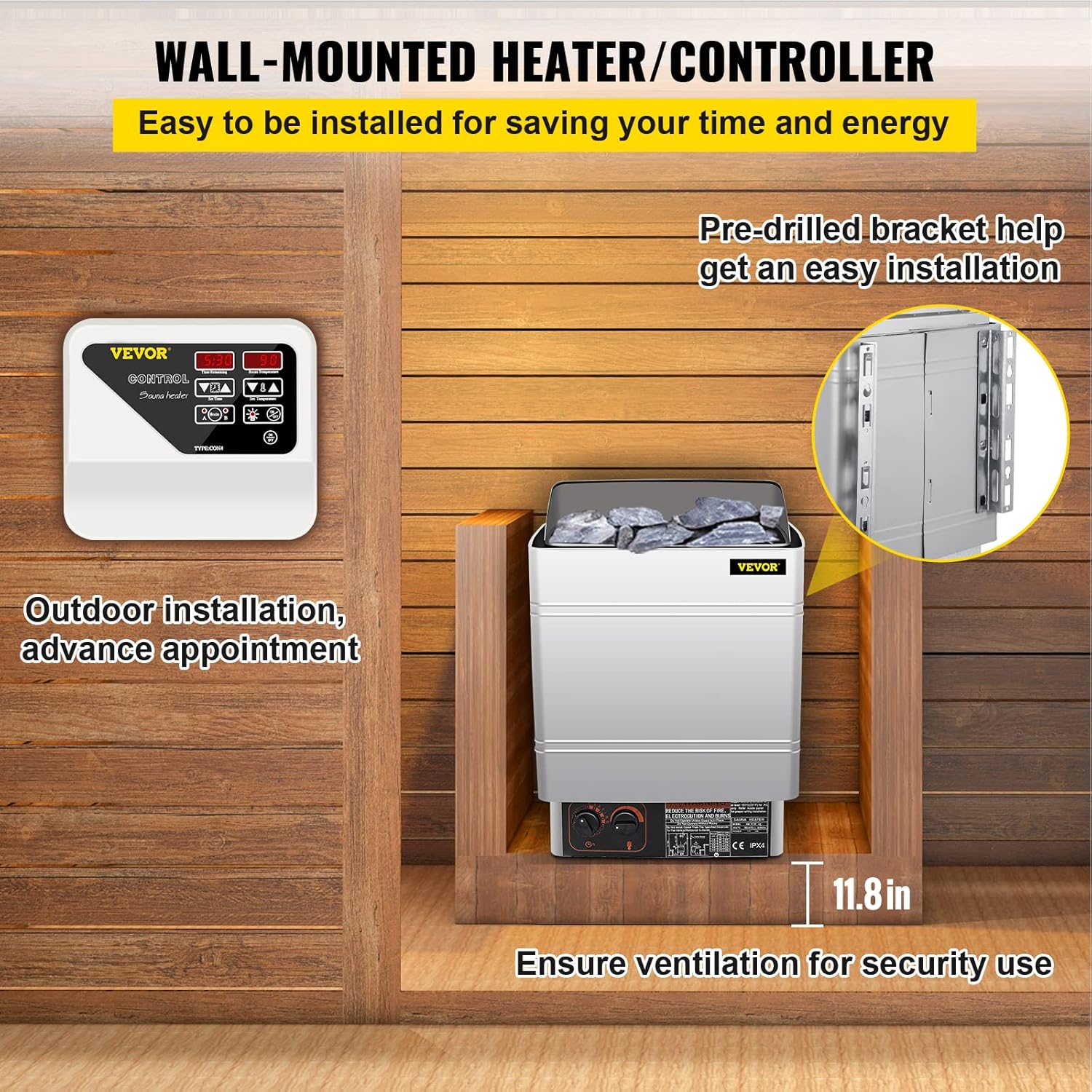 FlowerW Saunaofen 9 KW, Sauna Elektroherd 380 V - 415 V, Elektrischer Saunaofen 2 Modi (Temperatur, Zeit), mit Externem Steuergerät und 3M-Temperatursensor