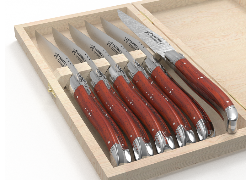 Service de 6 couteaux Laguiole avec un manche en bois de corail et mitres en acier inoxydable