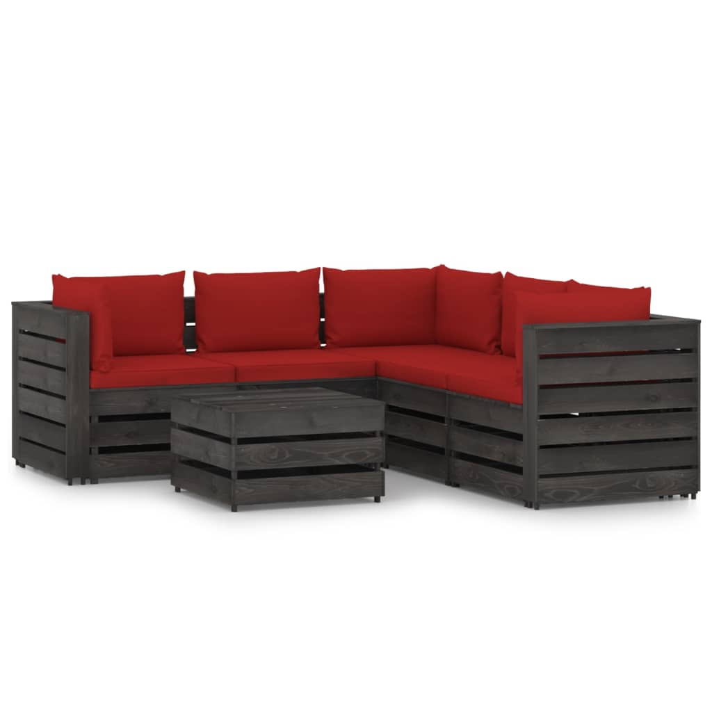 Salon de jardin meuble d'extérieur ensemble de mobilier 6 pièces avec coussins bois imprégné de gris