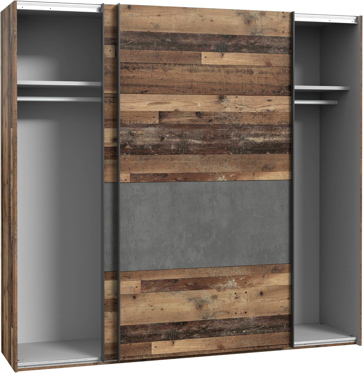 FORTE Clif Schrank 220, Kleiderschrank, Schwebetürenschrank Vintage Schlafzimmer 2-türig, Holzdekor: Old – Wood Vintage/Betonoptik Dunkelgrau, 220 cm breit x 210.5 cm hoch x 61 cm tief