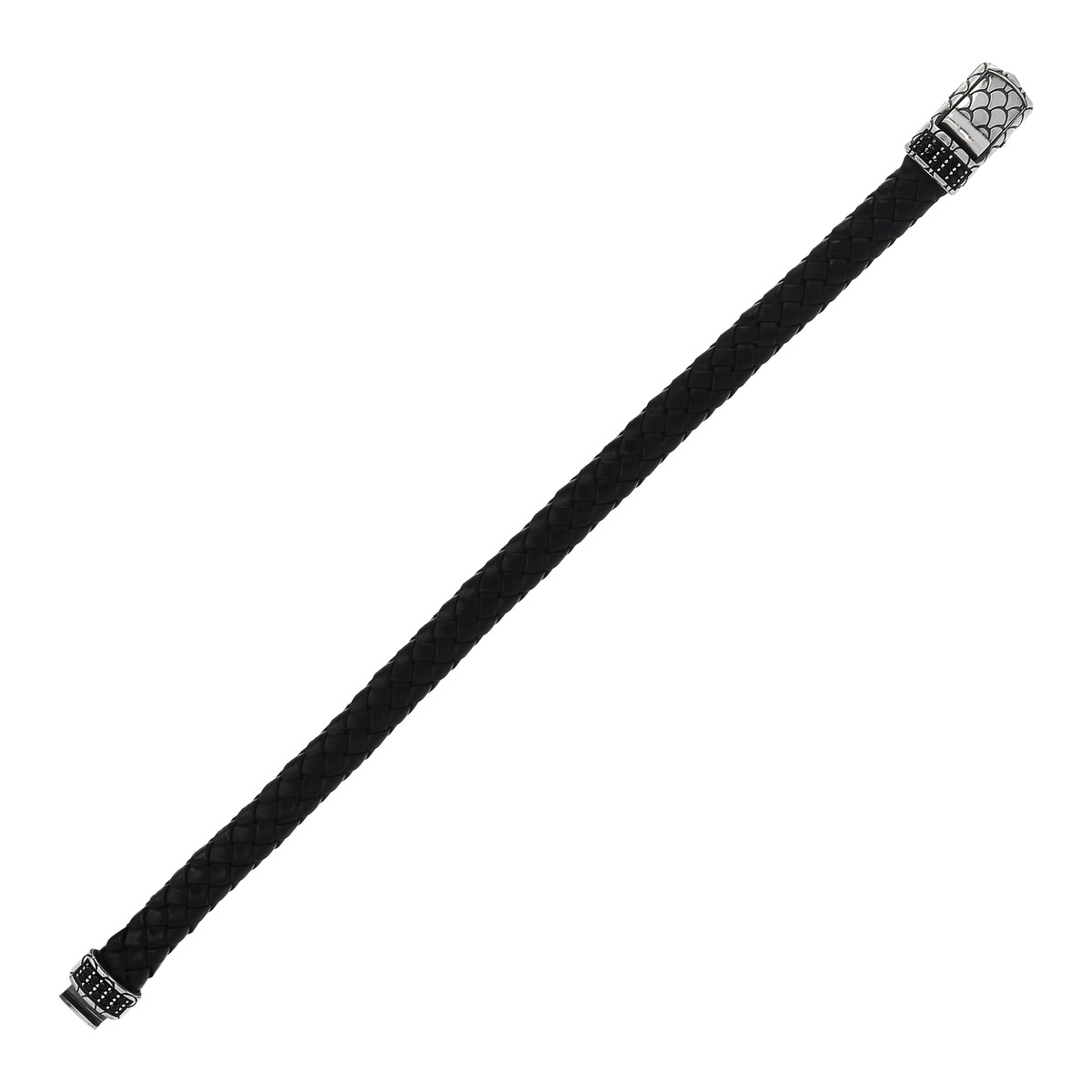 Bracelet cuir noir tressé spinelles noires 19cm