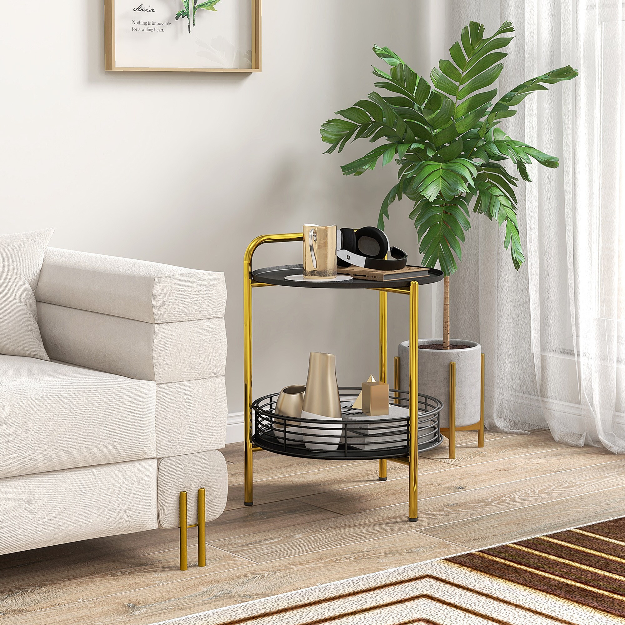 HOMCOM Beistelltisch mit Serviertablett schwarz, gold 43L x 45B x 61,5H cm