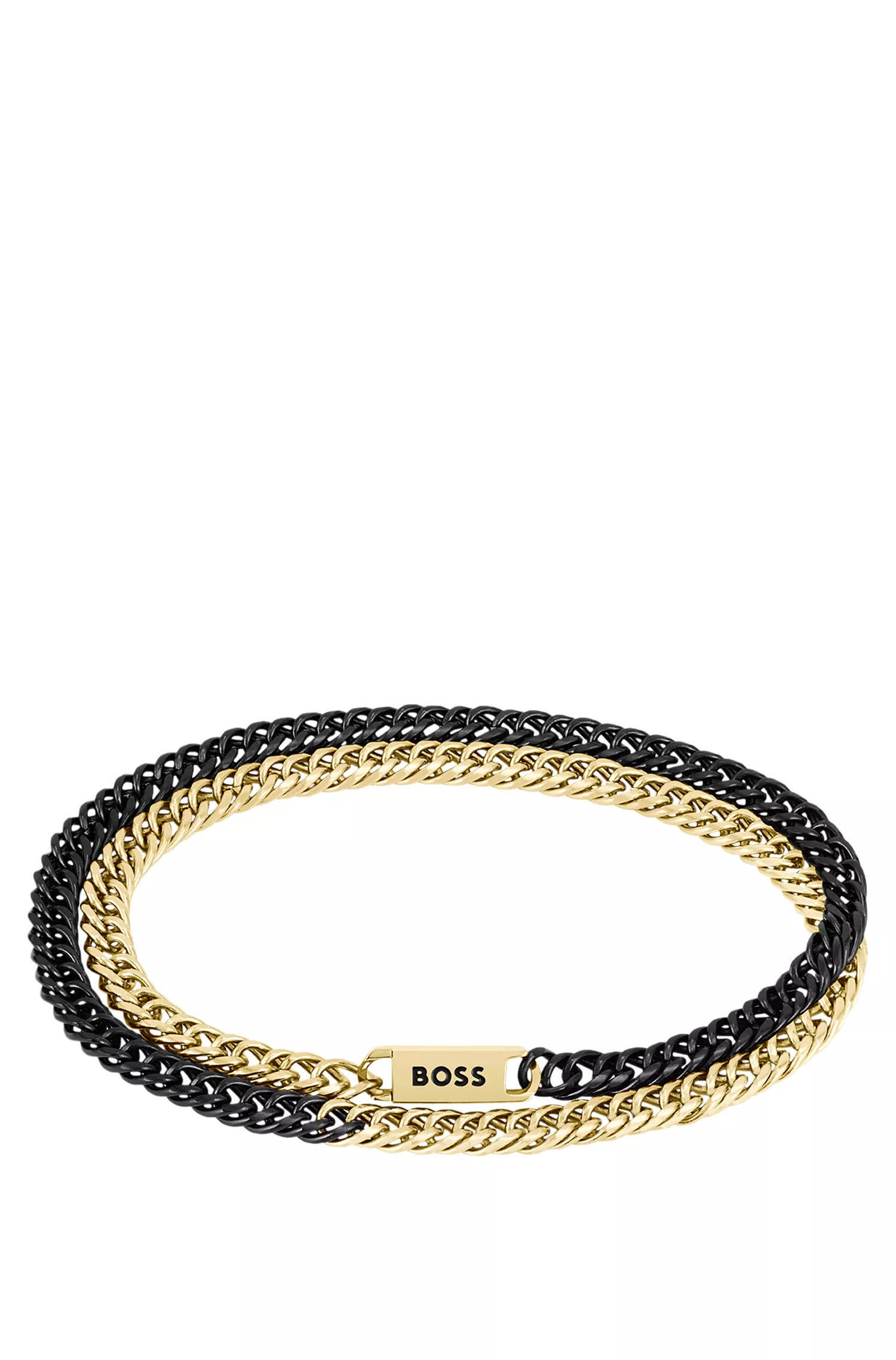 Bracelete BOSS laranja com corrente de volta dupla em tons de preto e dourado.